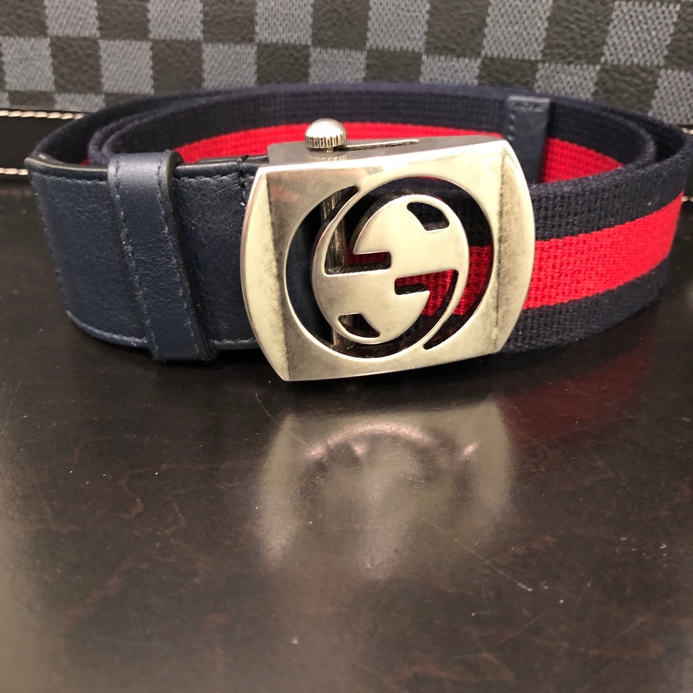 Gucci Navy Blue Red Canvas Belt